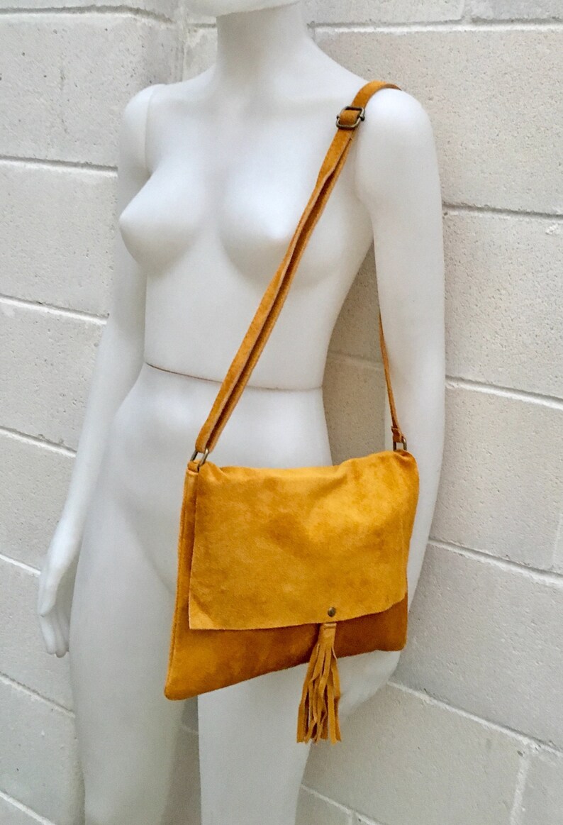Cross body bag. BOHO suede leather bag in MUSTARD YELLOW. Soft Etsy