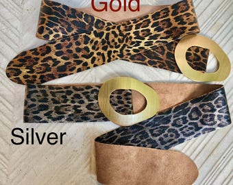 CHEETAH Print Metallic Leather Waist Belt.large Metal Buckle