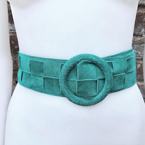 GREEN waist belt with large round buckle. Gren boho soft suede wide belt Genuine natural green suede leather. Green braided dress belt