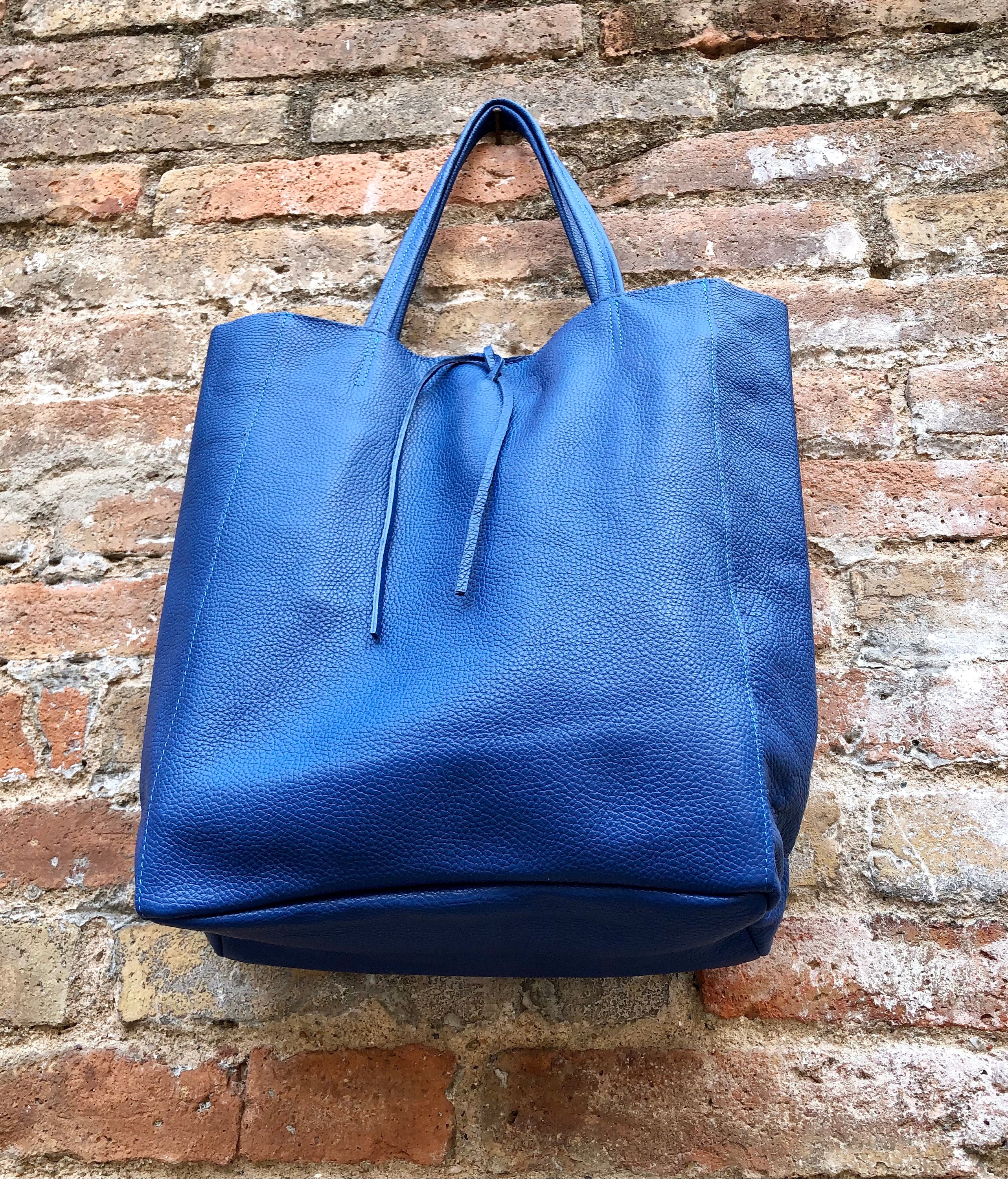 Dark Cobalt Blue Leather Bag. Genuine Leather Shopper. Large Royal BLUE ...