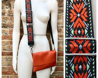 Orange small leather bag. 2 straps: 1 leather + 1 guitar strap. GENUINE leather Crossbody / shoulder bag. Orange purse with flap and zipper