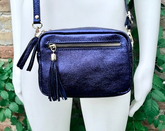 Metallic leather small blue bag. GENUINE leather shoulder / crossbody bag. Blue purse with adjustable strap + zipper.Glitter leather purse