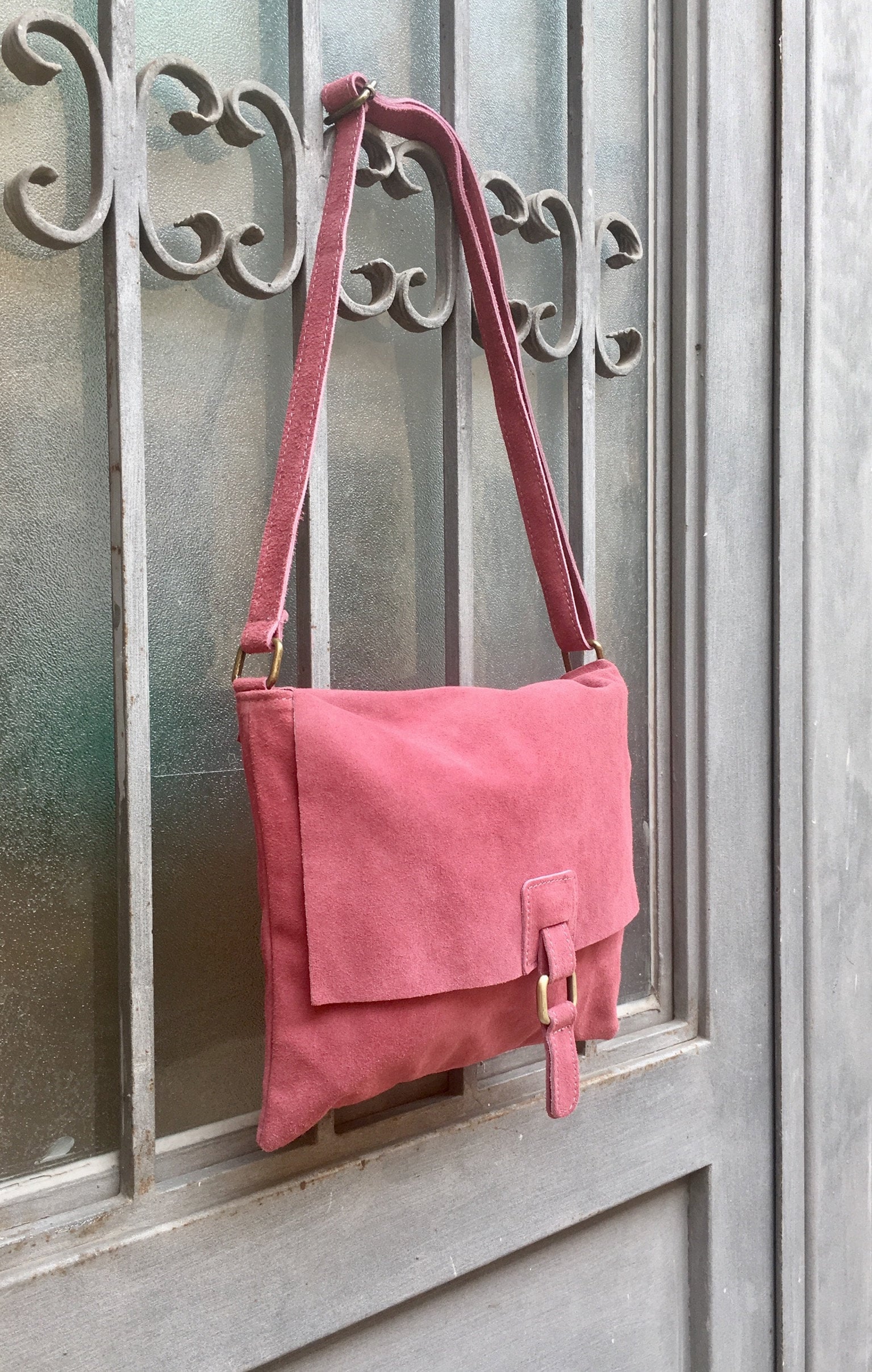 Suede bag in dark PINK. Genuine leather BOHO bag. Crossbody PUNCH pink Messenger bag in soft