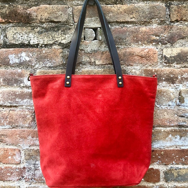 RED Large TOTE leather bag. Soft  suede, genuine leather bag. Red suede bag. Laptop bag in suede. Large cross body bag. RED suede purse