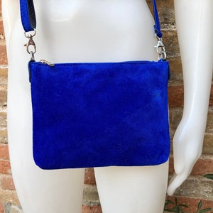 Suede leather bag in cobalt blue. Cross body bag, shoulder bag in GENUINE  leather. Blue smalll leather bag. Adjustable strap. + zipper