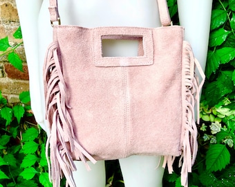 Light Pink Crossbody Fringed Bag. Dusty Pink BOHO Suede Leather
