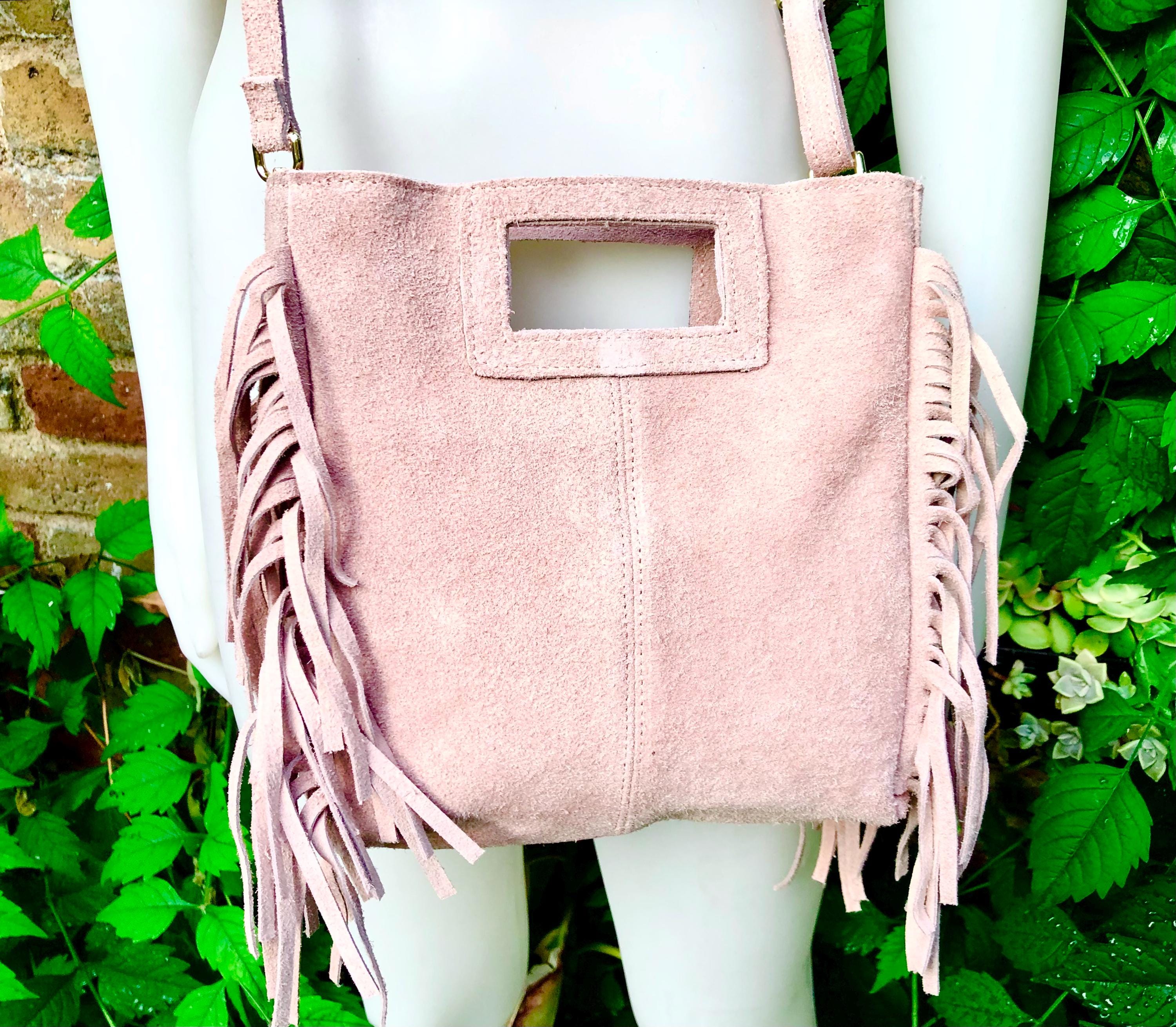 Light Pink Crossbody Fringed Bag. Dusty Pink BOHO Suede Leather 
