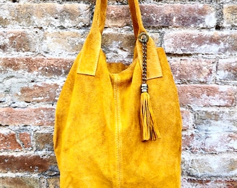 Mustard yellow leather shopper bag in genuine suede. Slouchy yellow carry all tote bag for laptops, tablets, books. Mustard leather purse