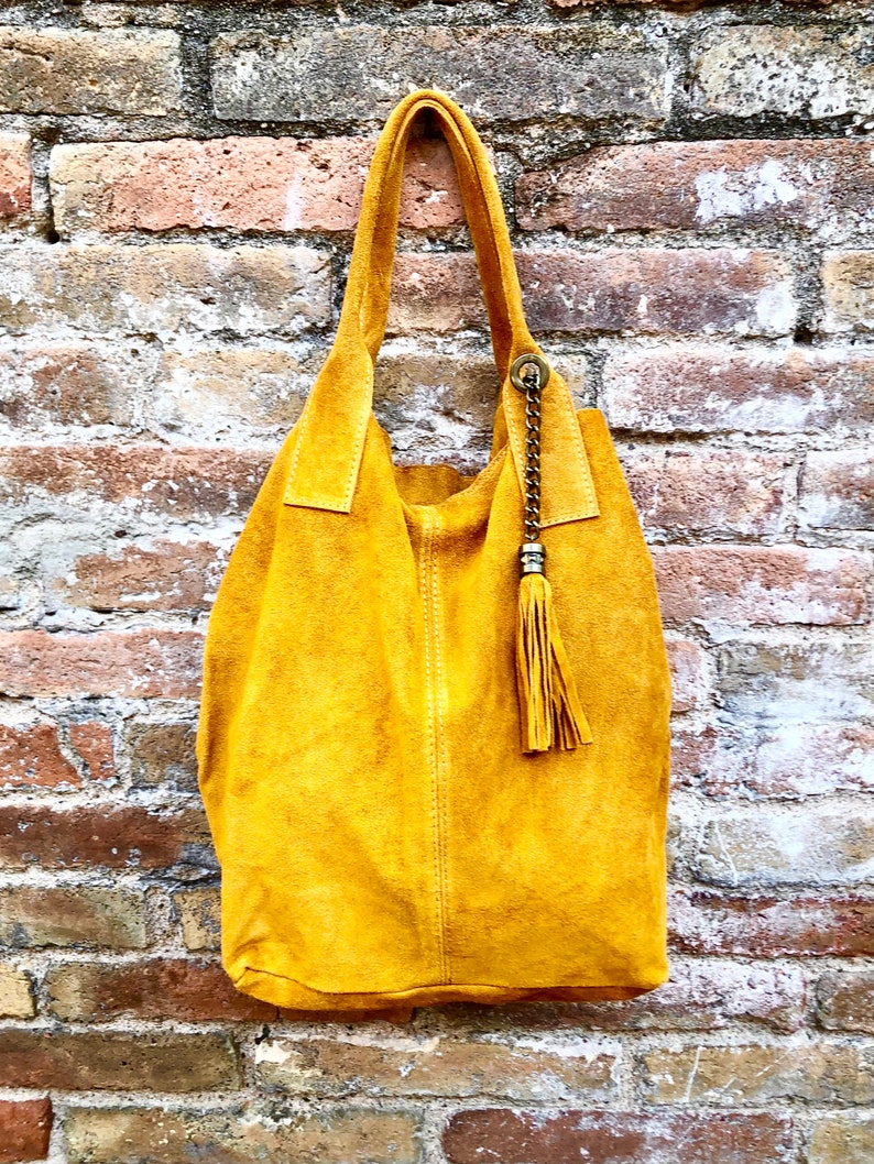 Mustard Yellow Leather Shopper Bag in Genuine Suede. Slouchy Etsy