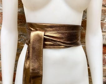 Dark GOLD obi belt. Wrap belt in soft genuine leather. Wraparound waist belt. Wide style. Boho dress belt in copper gold metallic leather