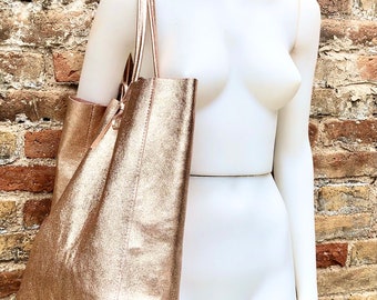 バッグ Archive.90sSalmonPink LeatherShoulderBag PINK GOLD Tote Leather Bag. Genuine Leather Shopper. Large