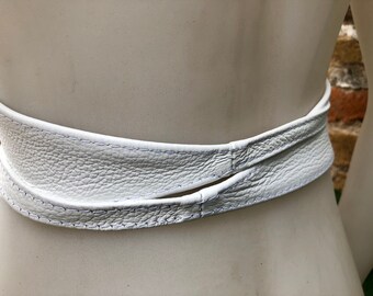 White Obi Belt in Soft Leather. Wrap Belt in White. Wide  display picture 2