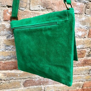 GREEN suede leather bag. Soft natural suede, genuine leather bag. Green messenger with zipper, flap and adjustable strap. image 4