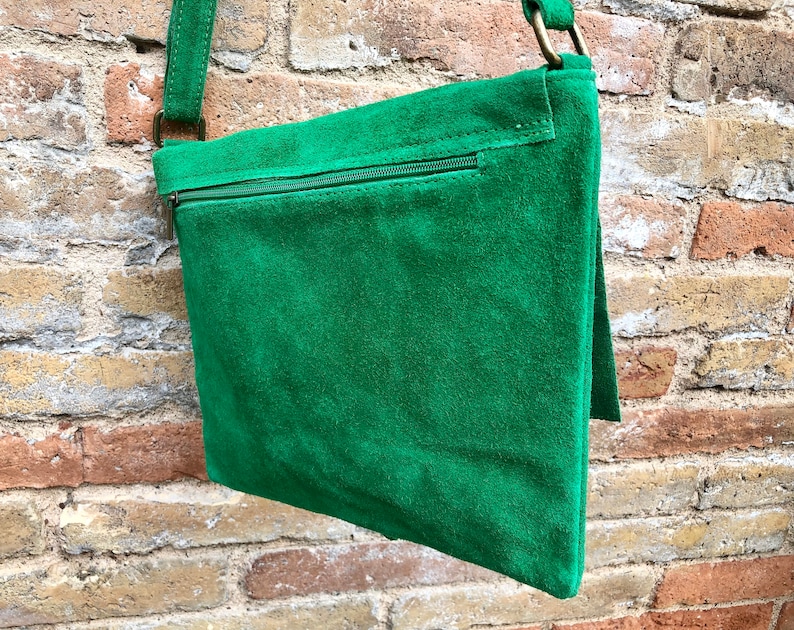 GREEN suede leather bag. Soft natural suede, genuine leather bag. Green messenger with zipper, flap and adjustable strap. image 4
