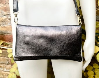 Small leather bag in DARK SILVER. Cross body bag, shoulder bag in GENUINE  leather. Metallic shine bag with adjustable strap,  zipper