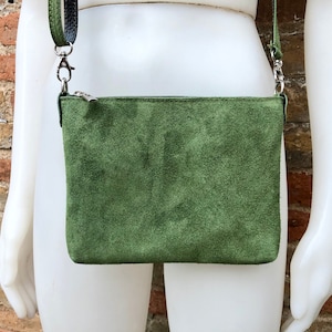 Suede leather bag in moss green. Cross body bag, shoulder bag in GENUINE  leather. Small leather bag with adjustable strap and zipper.