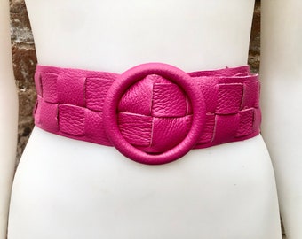 Hot pink  leather waist belt with large round buckle. Boho soft genuine leather belt in fuchsia.Magenta wide waist belt. Braided leather