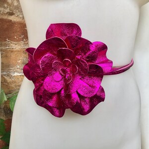 Flower Leather Belt in METALLIC Hot PINK. Waist, Overall or  display picture 1