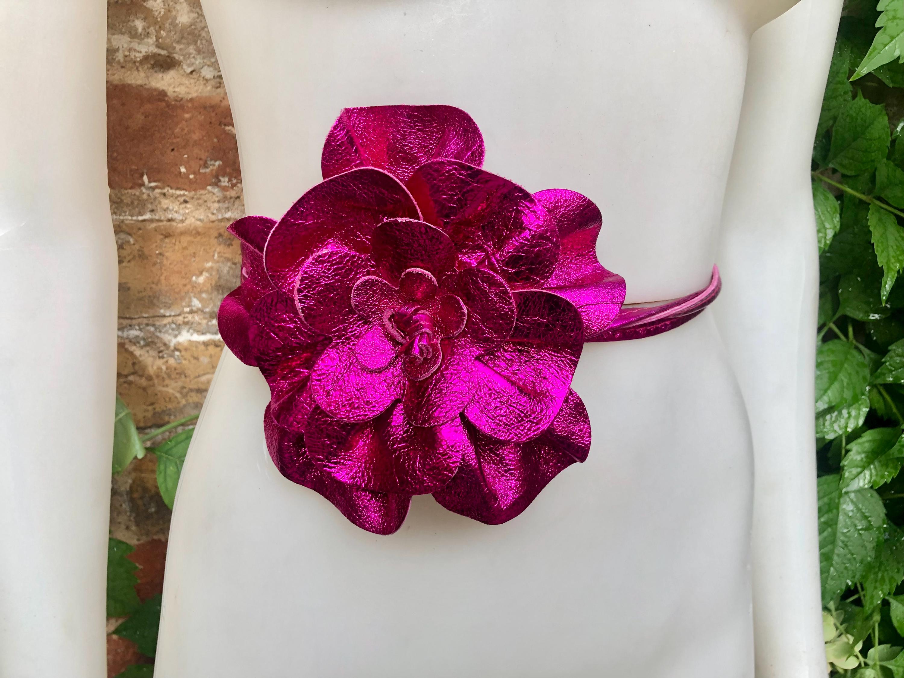 Flower Leather Belt in METALLIC Hot PINK. Waist, Overall or  display picture 1