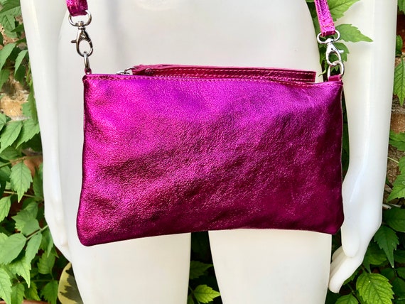Small Genuine Leather Bag in METALLIC Hot Pink. Cross Body Bag Shoulder Bag or Wristlet. Small Glitter Leather Purse in Magenta Fuchsia. Etsy Ireland