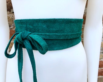 Dark teal green suede OBI belt, SASH in natural soft suede, green wrap waist belt. Wraparound soft obi belt. Very dark turquoise green.