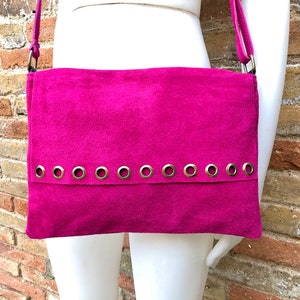 Genuine leather bag in HOT PINK. Soft messenger suede bag. Green cross body or shoulder bag with flap and zipper. Fuchsia pink suede purse.