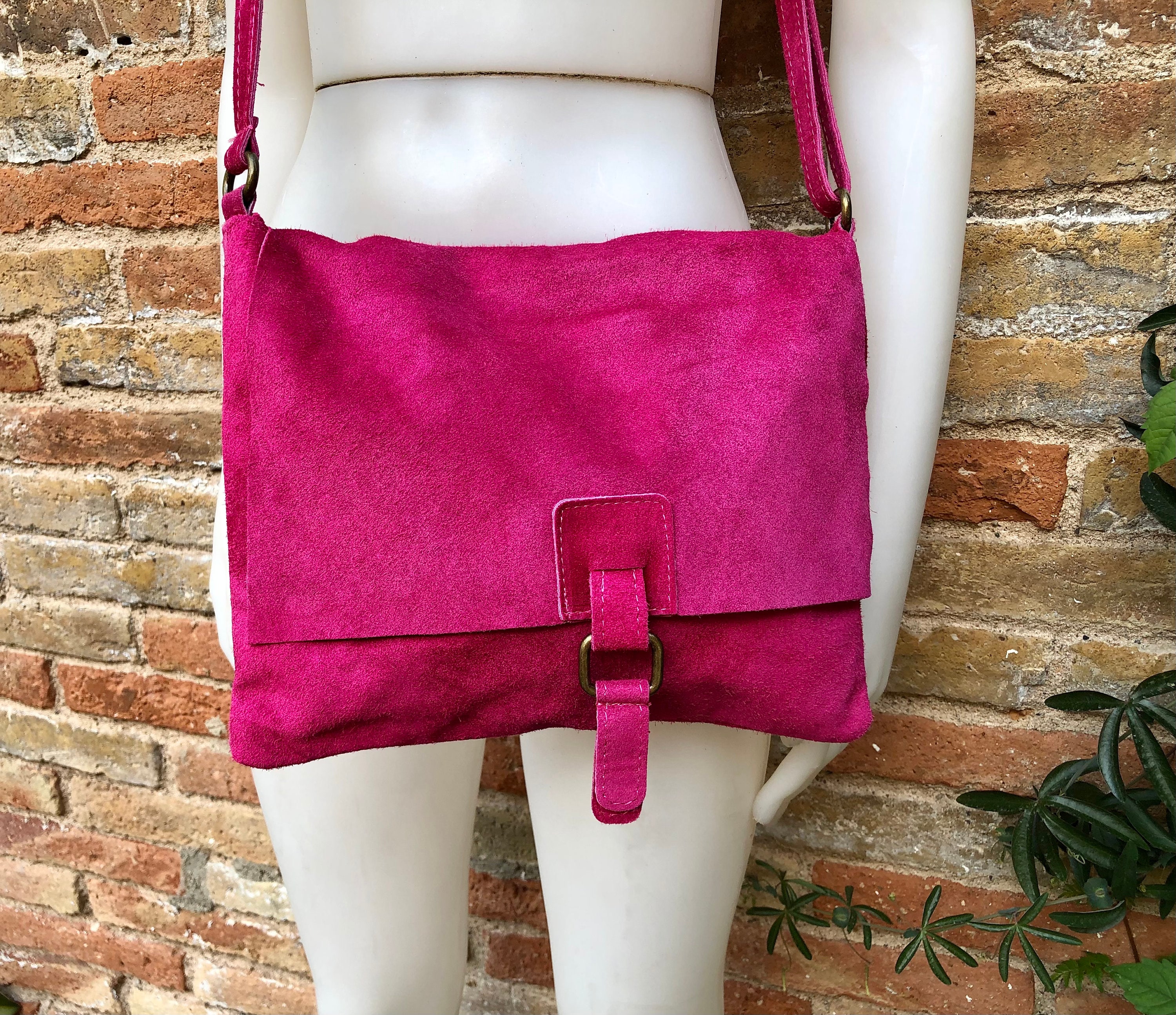 Magenta Pink Suede Bag. Genuine Leather Purse. Crossbody