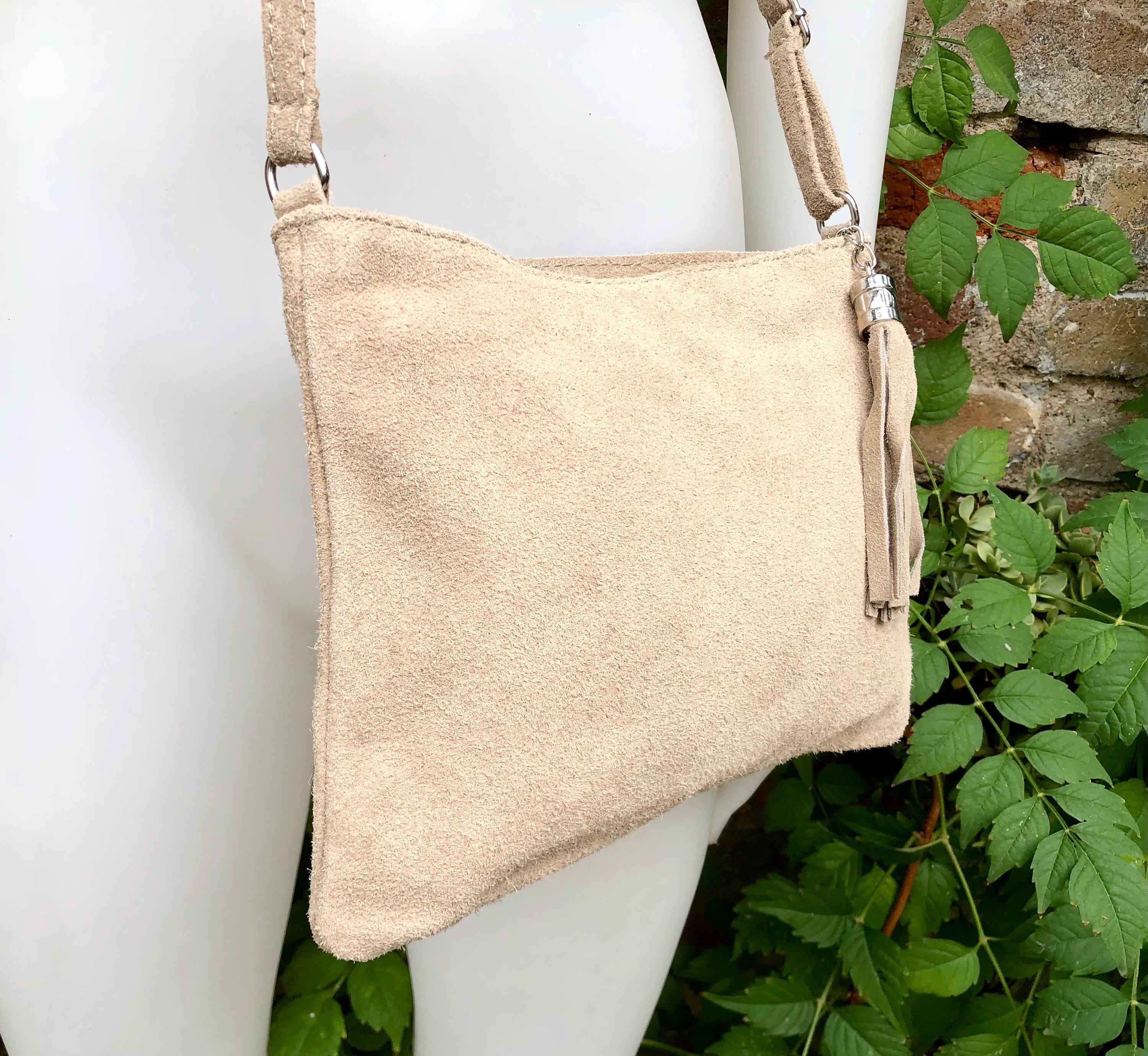 Suede Leather Bag in LIGHT BEIGE. Cross Body Bag, Shoulder
