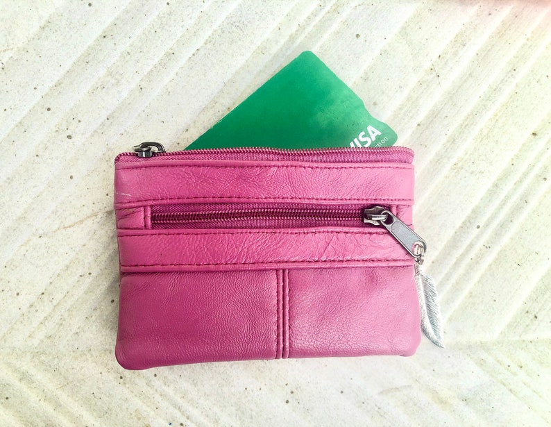 PINK coin purse in genuine leather, 3 zippers. Fits credit cards, coins, bills. Small leather wallet. Fuchsia, light , neon purple pink image 7
