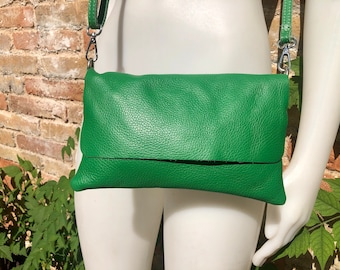 Small leather bag in green. Cross body or shoulder bag in GENUINE leather. Green leather bag with adjustable strap,  zipper and flap.
