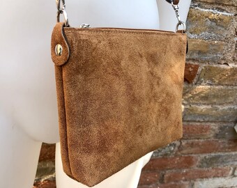 Suede leather bag in CAMEL brown. Cross body bag, shoulder bag in GENUINE  leather. Small leather purse in saddle brown suede