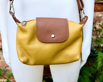 MUSTARD  YELLOW + camel brown small leather bag. Genuine leather cross body / shoulder bag. Yellow bag with adjustable strap, zipper + flap
