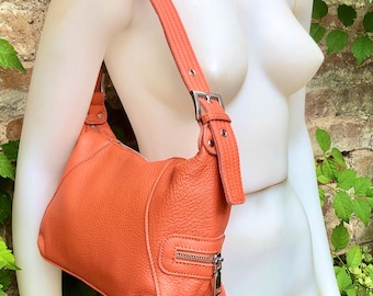 Small ORANGE genuine leather bag. Orange cross body / shoulder bag. Pumkin color leather purse, 2 adjustable straps, closed with a zipper.