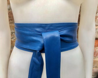 Leather 80s Style Obi Belt . Wrap Belt in NAVY BLUE. Waist  display picture 3