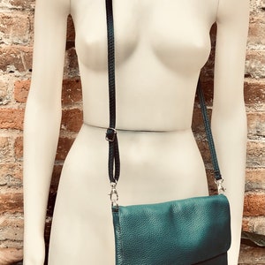 Small leather bag in teal BLUE-GREEN. Crossbody or shoulder bag in GENUINE leather. Blue purse with adjustable strap, flap and zipper. image 2
