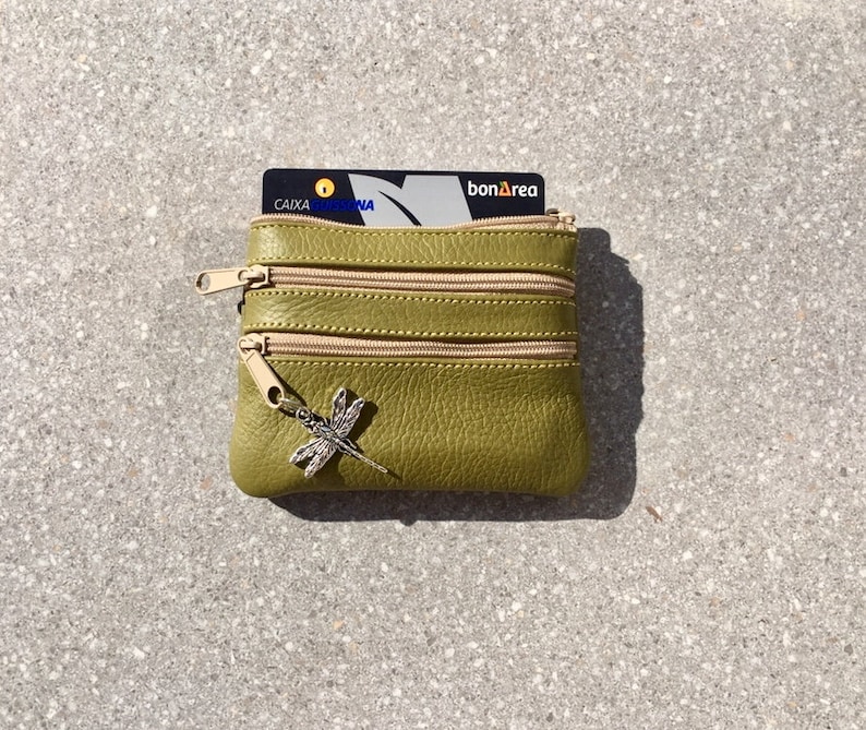 Light GREEN color leather wallet. Genuine leather Small purse in MOSS green coins bills Fits credit cards 3 zippers