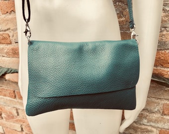 Small leather bag in teal BLUE-GREEN. Crossbody or shoulder bag in GENUINE  leather. Blue purse with adjustable strap, flap and zipper.