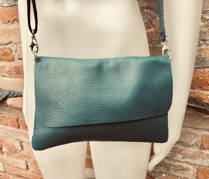 Small leather bag in teal BLUE-GREEN. Crossbody or shoulder bag in GENUINE leather. Blue purse with adjustable strap, flap and zipper. image 1