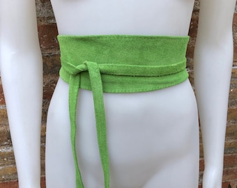 Green suede OBI belt, SASH in light green natural soft  suede,waist belt, green sash, obi, boho belt, green wraparound genuine leather belt.