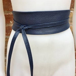 Obi belt in soft leather. Wrap belt in BLUE. Waist belt in NAVY.  Wraparound belt in blue genuine leather. Boho navy belt.