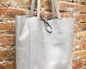 Tote leather bag in GRAY. Leather shopper in gray. Soft natural GENUINE leather . Large bag for your laptop, books. Gray leather shopper.