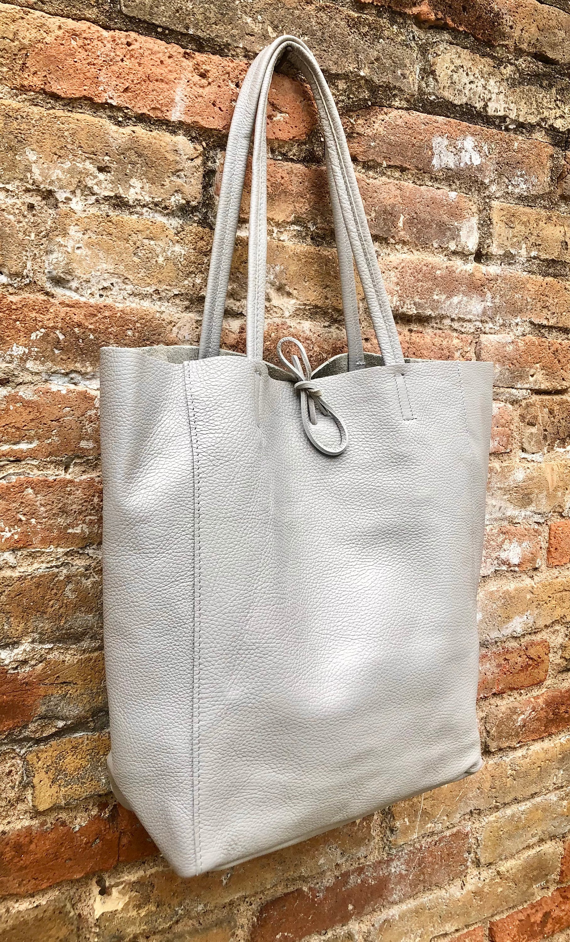  EB Light Grey Leather Tote Bag - Hand Stitched Full