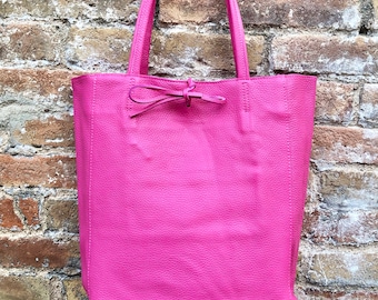 Tote leather bag in fuchsia pink. Soft natural GENUINE leather bag. Large hot pink leather shopper bag, Laptop bag. With ZIPPER. Pink purse