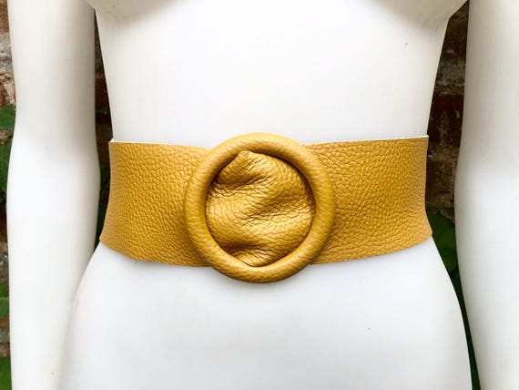 Yellow Leather Waist Belt With Large Round Buckle. Soft  display picture 1