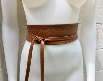 Obi belt in soft leather. Dark CAMEL BROWN wrap belt. TOBACCO waist belt.  Wraparound belt in brown genuine leather. Saddle brown cinch belt