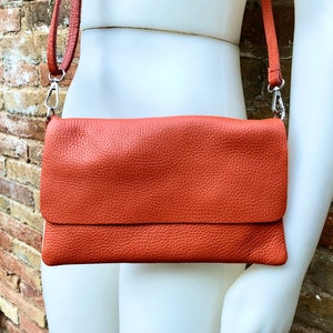 Small leather bag in orange. Crossbody bag, shoulder bag in GENUINE  leather. Orange purse with adjustable strap and zipper