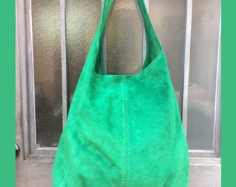 Large TOTE leather bag in GREEN . Genuine leather SLOUCH bag. Boho bag. Laptop bags in suede.Large suede leather bag.Green suede shopper bag