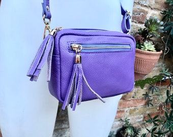 Small leather PURPLE bag. GENUINE leather shoulder or cross body bag. Mauve purple leather purse with tassels, adjustable strap and zipper