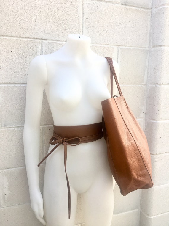 Tote Bag in Camel BROWN With Belt.soft Natural GENUINE Leather Bag