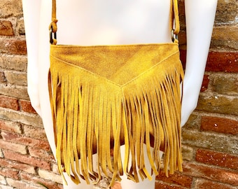 Cross body bag. BOHO suede leather bag in MUSTARD  with FRINGES. Messenger bag in soft  genuine suede leather. Yellow crossbody hippy bag